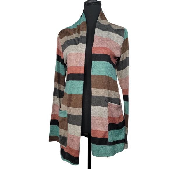 Striped Open Front Cardigan With Elbow Patches Women’s Small - Picture 1 of 6